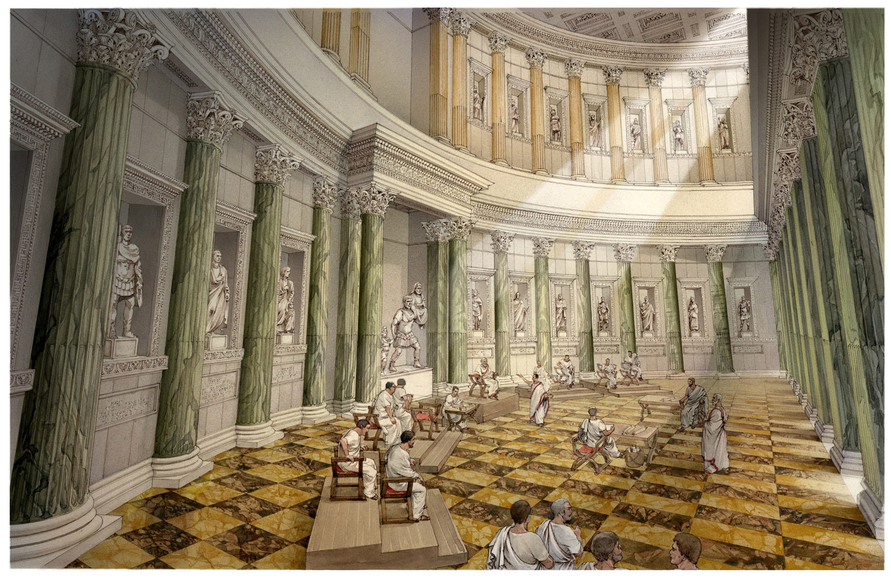 Recontructive view of an exedra in the Forum of Augustus, with a trial scene