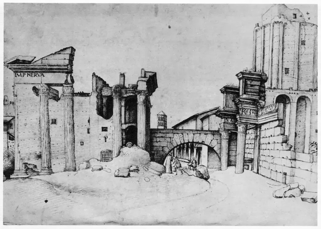 Veduta del Foro di Nerva alla fine del XV secolo. A destra si riconosce la Torre dei Conti (Codice Escurialense)