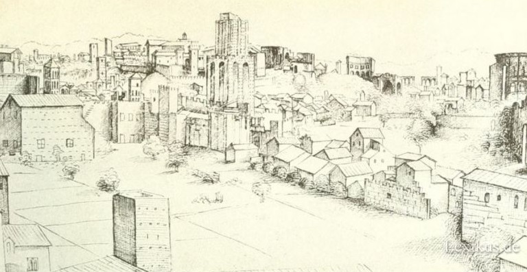 Veduta della Torre dei Conti e dell'area circostante alla fine del XV secolo (Codice Escurialense, fol. 40)