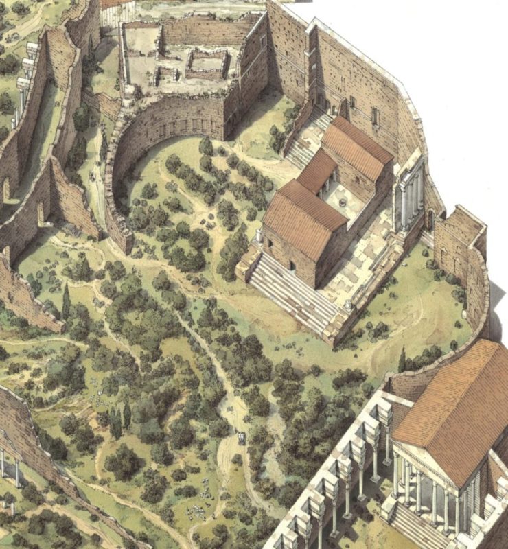 Reconstructive view of the Forum of Augustus in 10th century. On the basament there is the Monastery of St. Basil