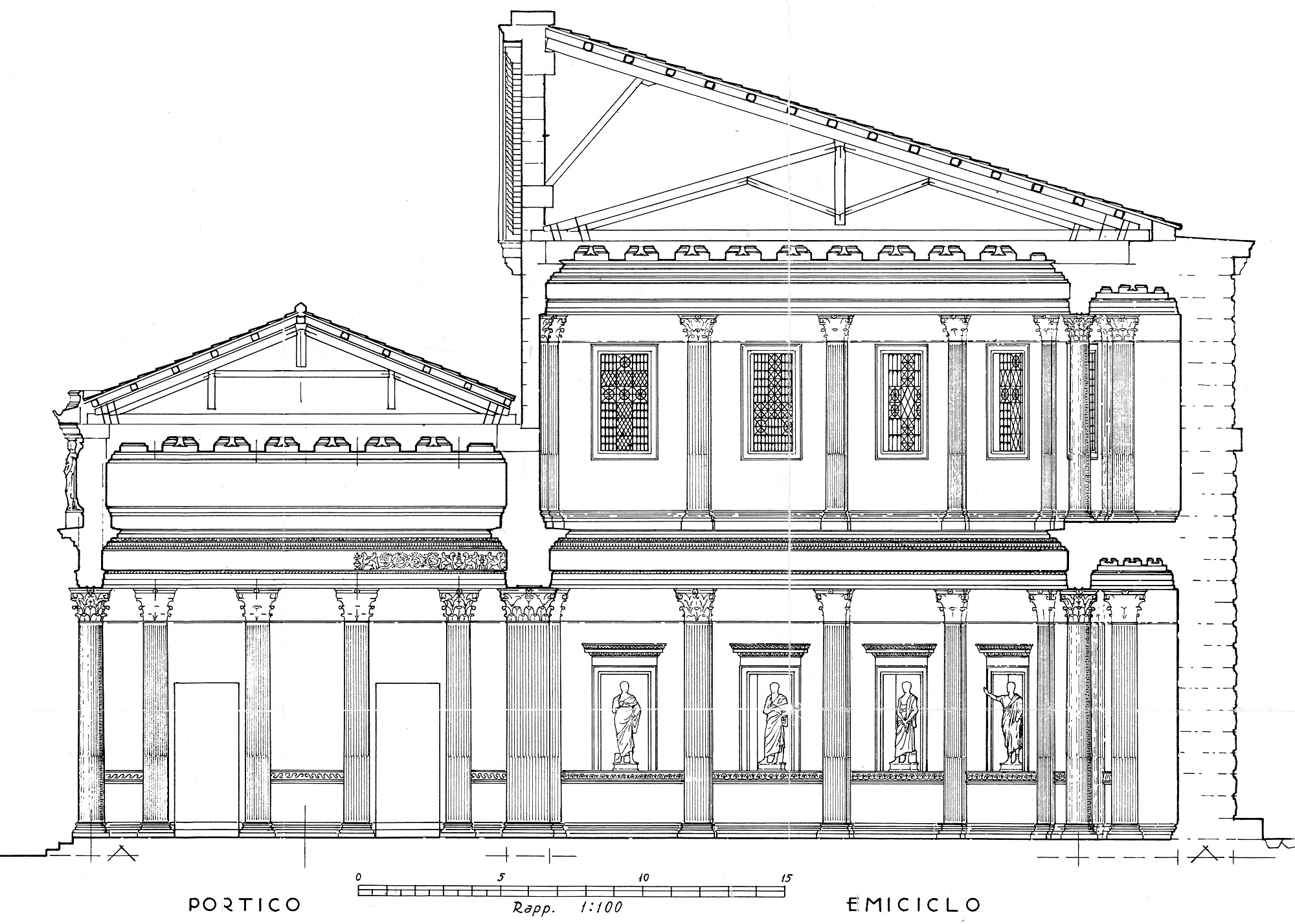 Reconstructive cross section of the hemicycle and the eastern portico of the Forum of Trajan (Italo Gismondi)